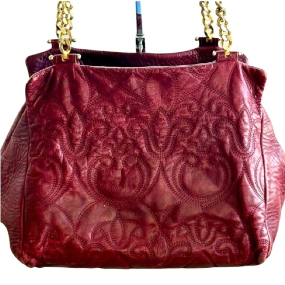VINTAGE Embossed Floral Pattern Burgundy Leather Shoulder Crossbody Bag - Picture 2 of 16